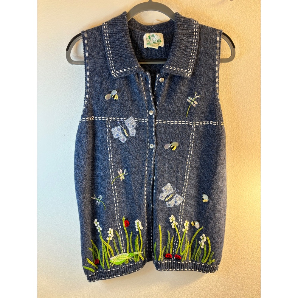 Storybook Knits Vintage Blue Embroidered Butterfly Garden Button Front Vest XL
